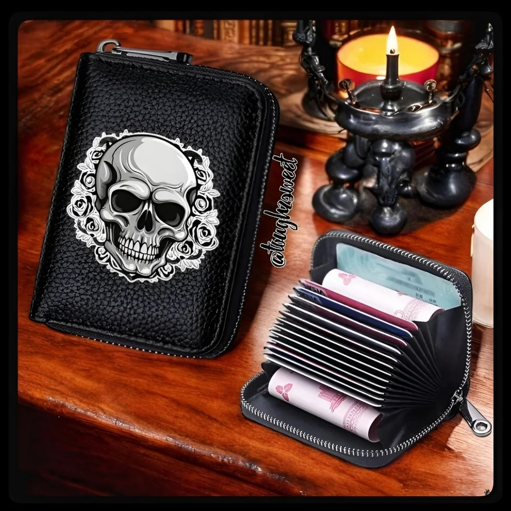 🆕VEGAN LEATHER GOTHIC SKULL WALLET WITH 12 CARD SLOTS:*GOTH *PUNK *STEAMPUNK